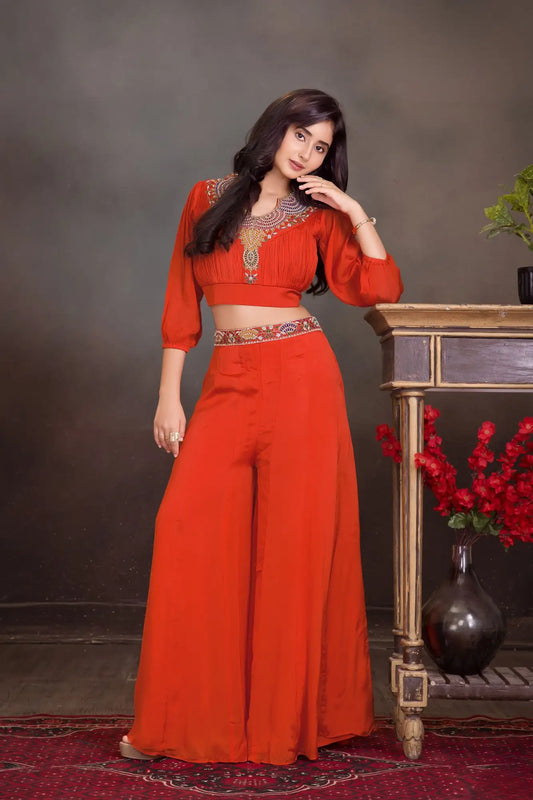 Designer Orange  Palazzo Set With Multicolor Thread Embroidery for Girls