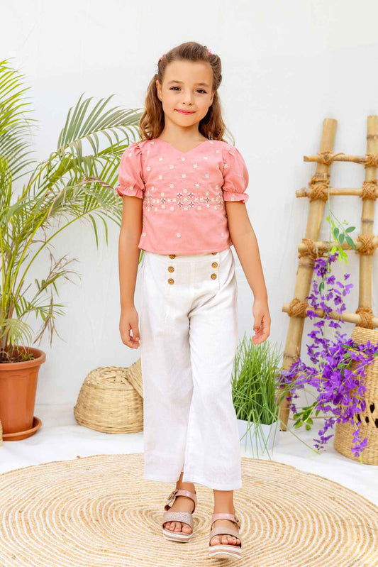 Peach Embroidered Top With White Bottom For Girls