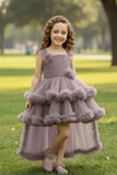 Mauve  Pearl And Stone Work With Floral Embellished Tail Back Frock For Girls