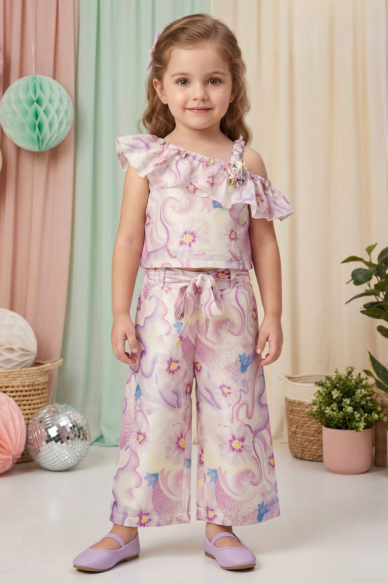 Girls Lilac Floral Printed One-Shoulder Co-Ord Set with Wide-Leg Pants