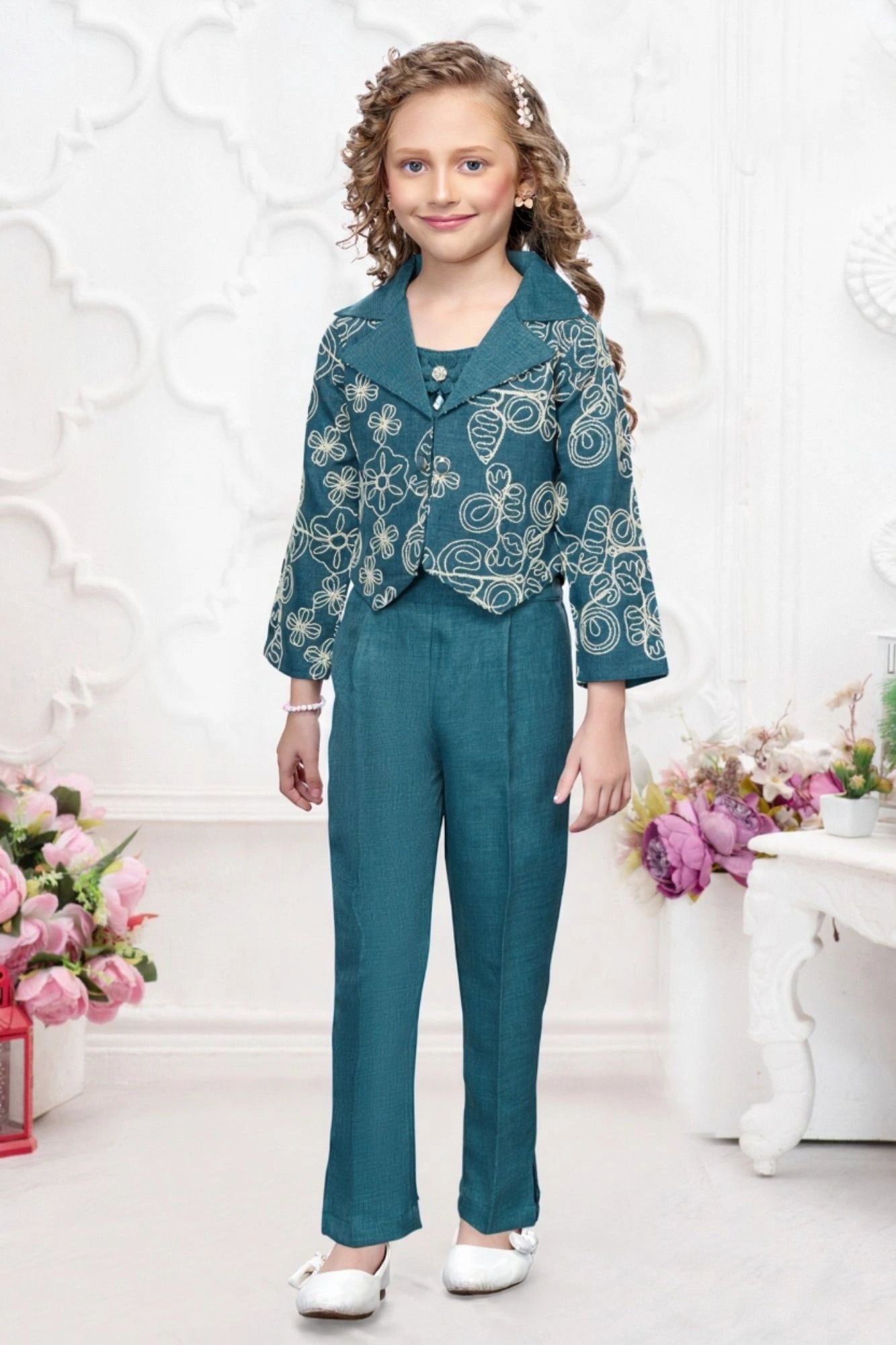 Teal Embroidered Co-ord Set with Cropped Jacket For Girls
