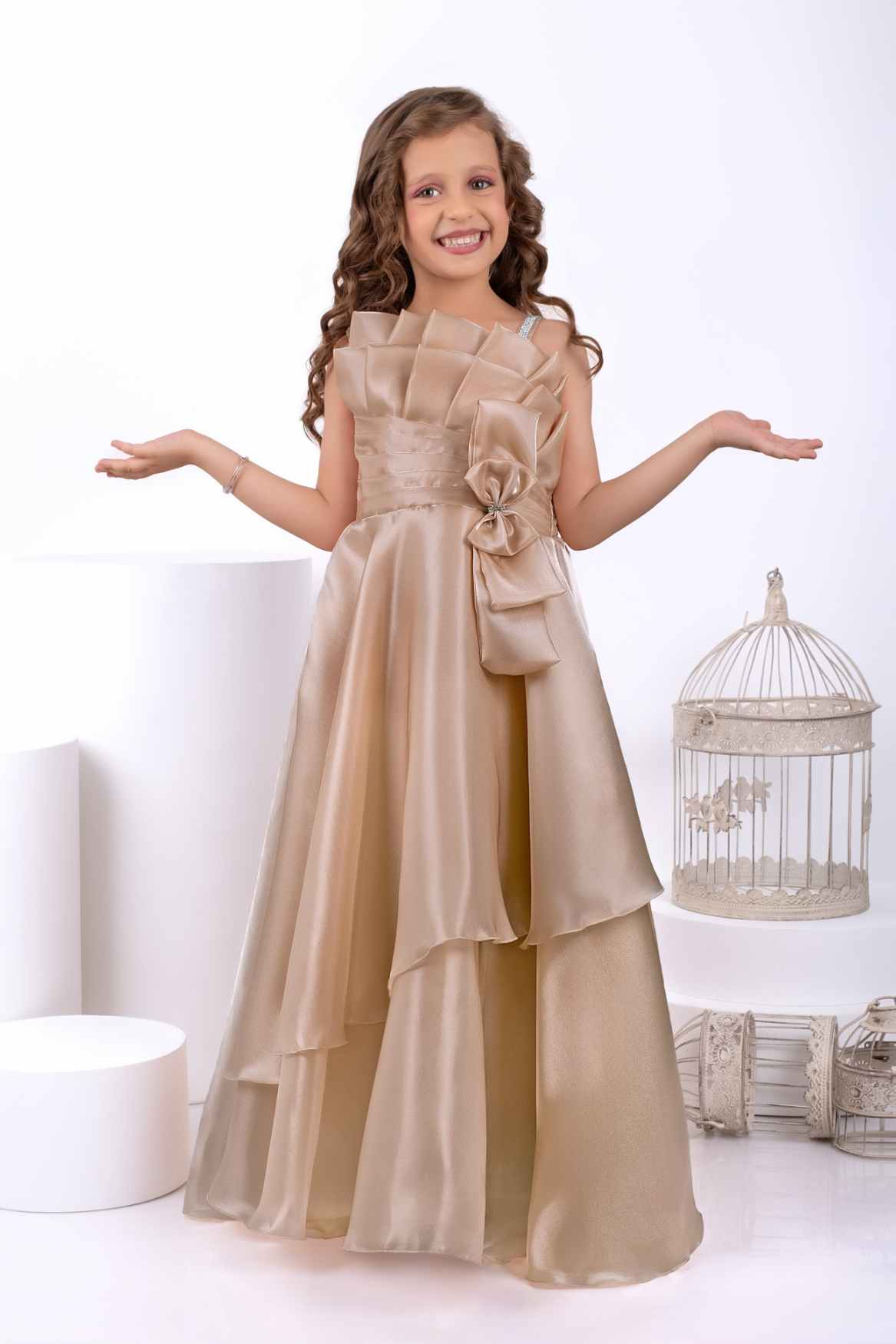 Designer Fawn Bow Embellished Layered Organza Party Wear Gown For Girls