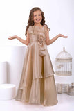 Designer Fawn Bow Embellished Layered Organza Party Wear Gown For Girls