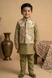 Olive Green Kurta Pyjama Set With Embroidered Nehru Jacket For Boys