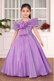 Designer Purple Party Wear Gown with Oversized Pleated Bow and Rosette Embellishment For Girls