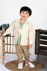 Off White Overcoat With Green T-Shirt And Brown Pant Set For Boys