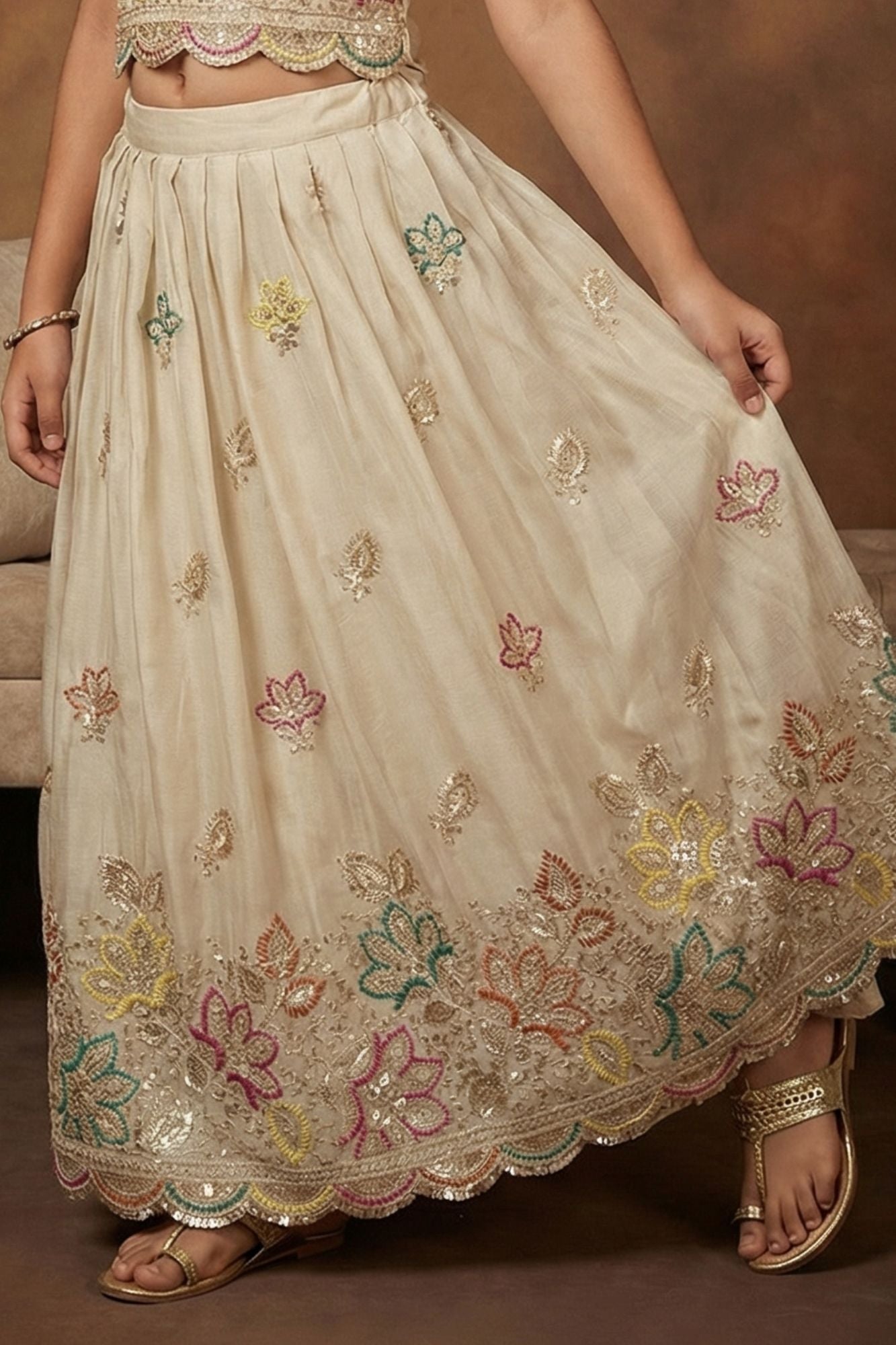 Elegant Ivory Multicolor Embroidered Lehenga Choli For Girls