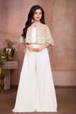 Girls Cream  Sequin Embroidered Cape Top With Flared Palazzo Set