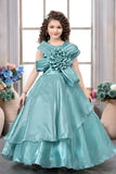 Sea Green Designer Bow & 3D Rosette Party Gown For Girls