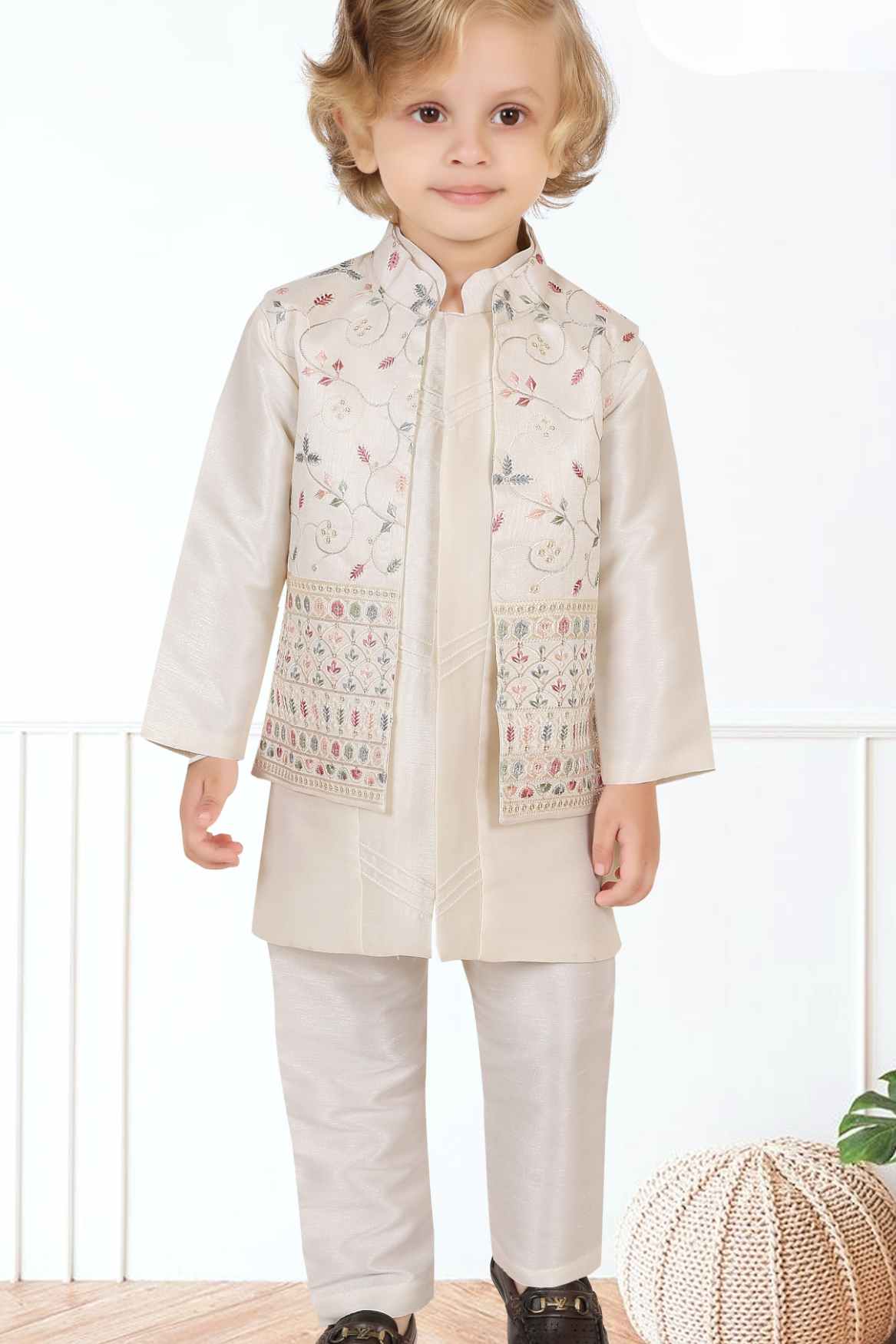 Cream Thread Embroidery And Sequins Work Kurta Set With Waist Coat Set For Boys