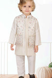 Cream Thread Embroidery And Sequins Work Kurta Set With Waist Coat Set For Boys