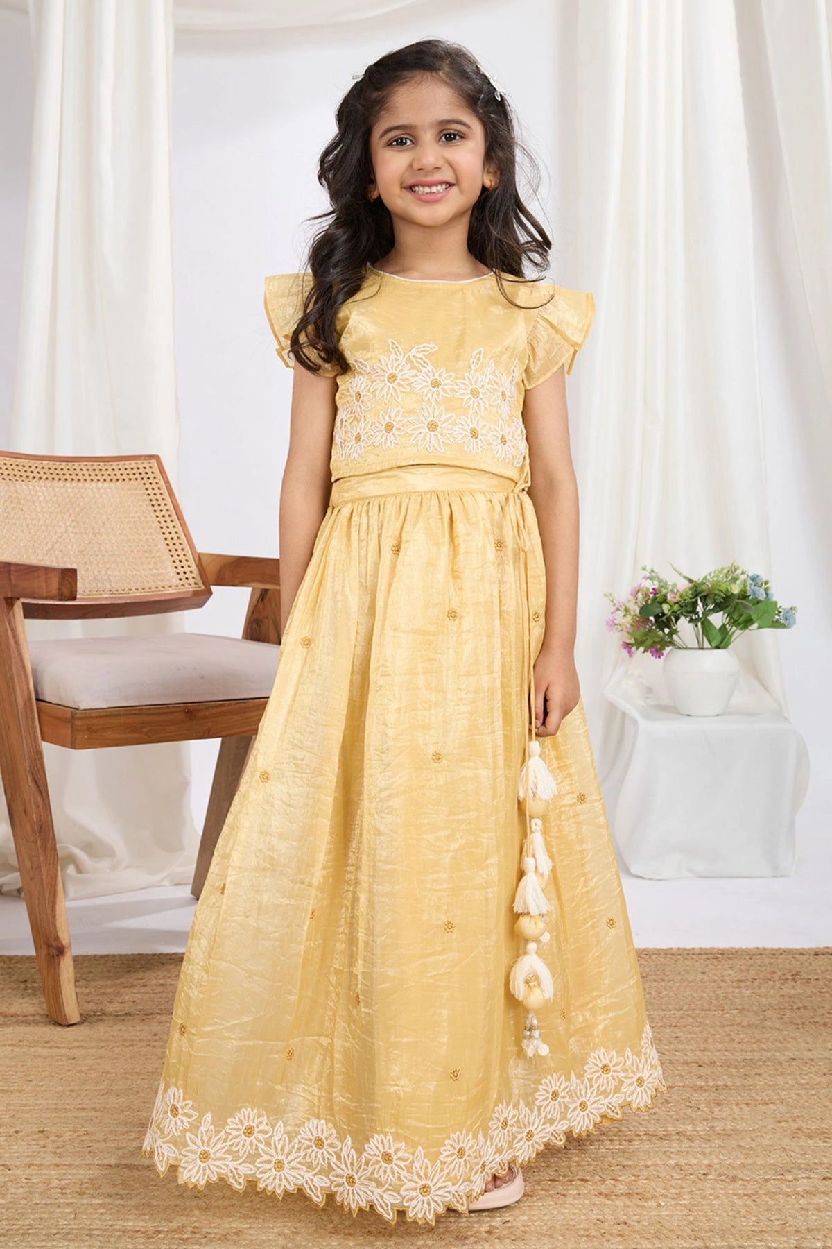 Yellow Shimmer Embroidered Lehenga Choli Set For Girls