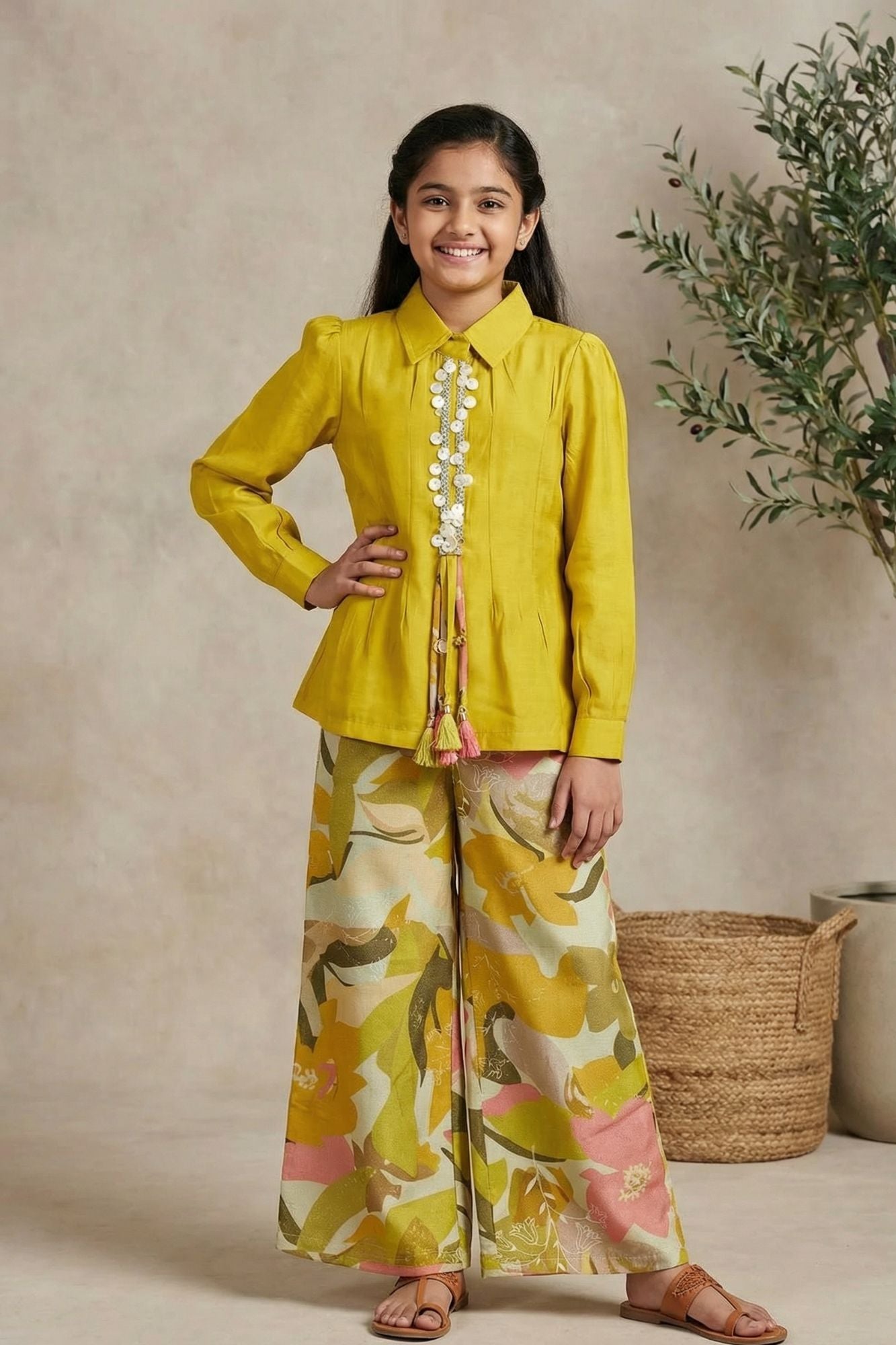 Stylish Mustard Yellow Top And Printed Pant Set For Girls