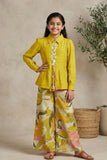 Stylish Mustard Yellow Top And Printed Pant Set For Girls