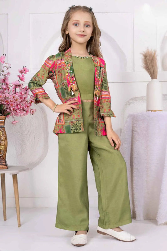 Olive Green Crop Top And Pant Set With Embellished Multicolor Jacket For Girls
