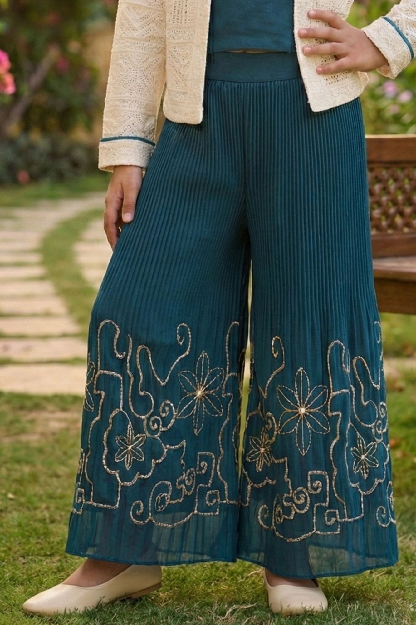 Teal Co-ord Set with Cream Lace Jacket & Floral Motif Top For Girls