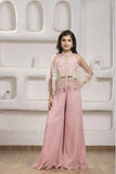 Pastel Pink Cape Style Palazzo Set With Sequin Floral Embroidery For Girls