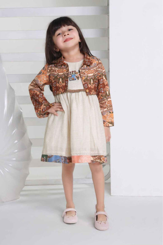 Beige Casual Dress With Printed Overcoat For Girl