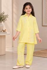 Lemon Yellow Embroidered Casual Co-ord Set for Girls