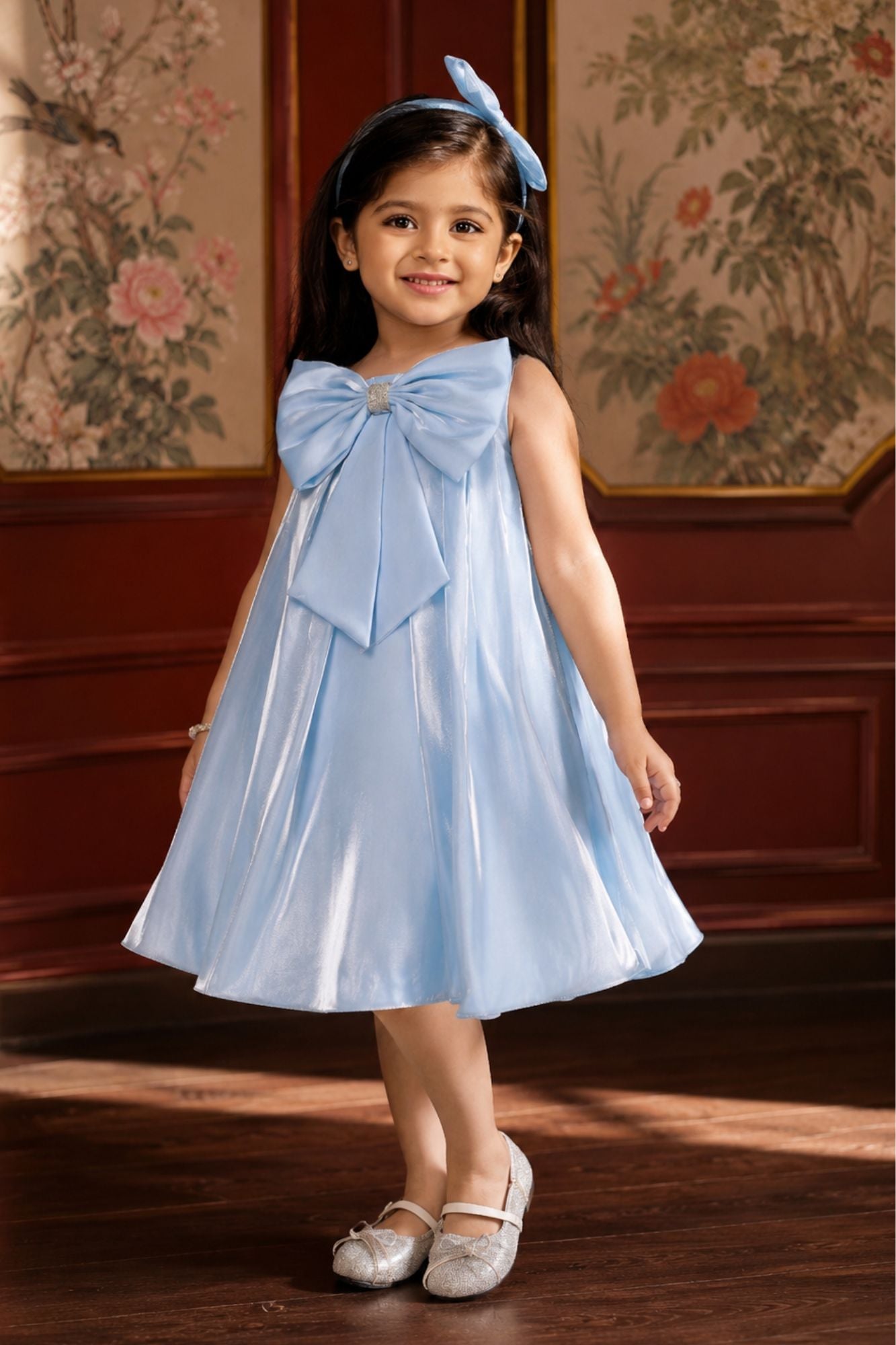 Blue 3D Bow Embellished Party Wear Frock For Girls