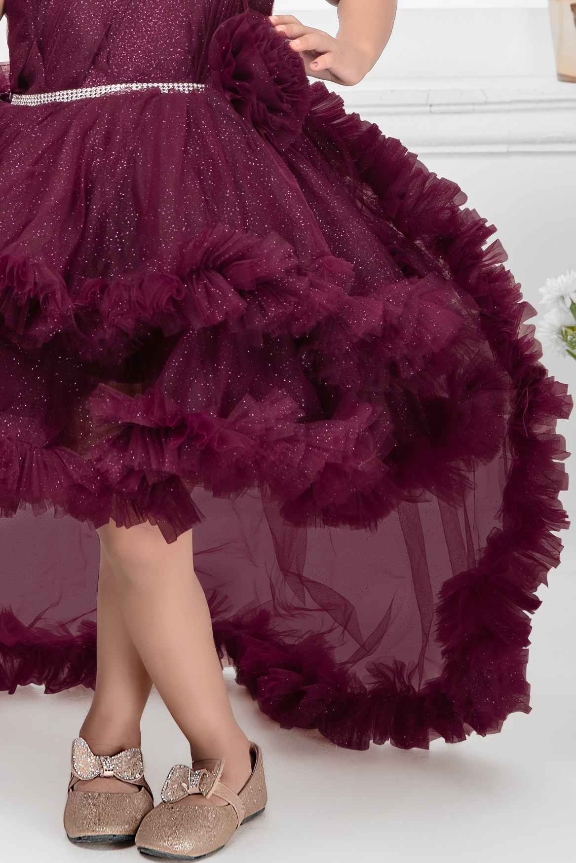Wine Sleeveless And Floral Embellished Tail Back Frock For Girls