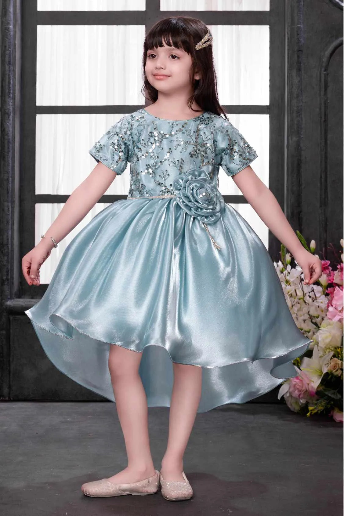 Ice Blue Sequin Party Frock For Girls