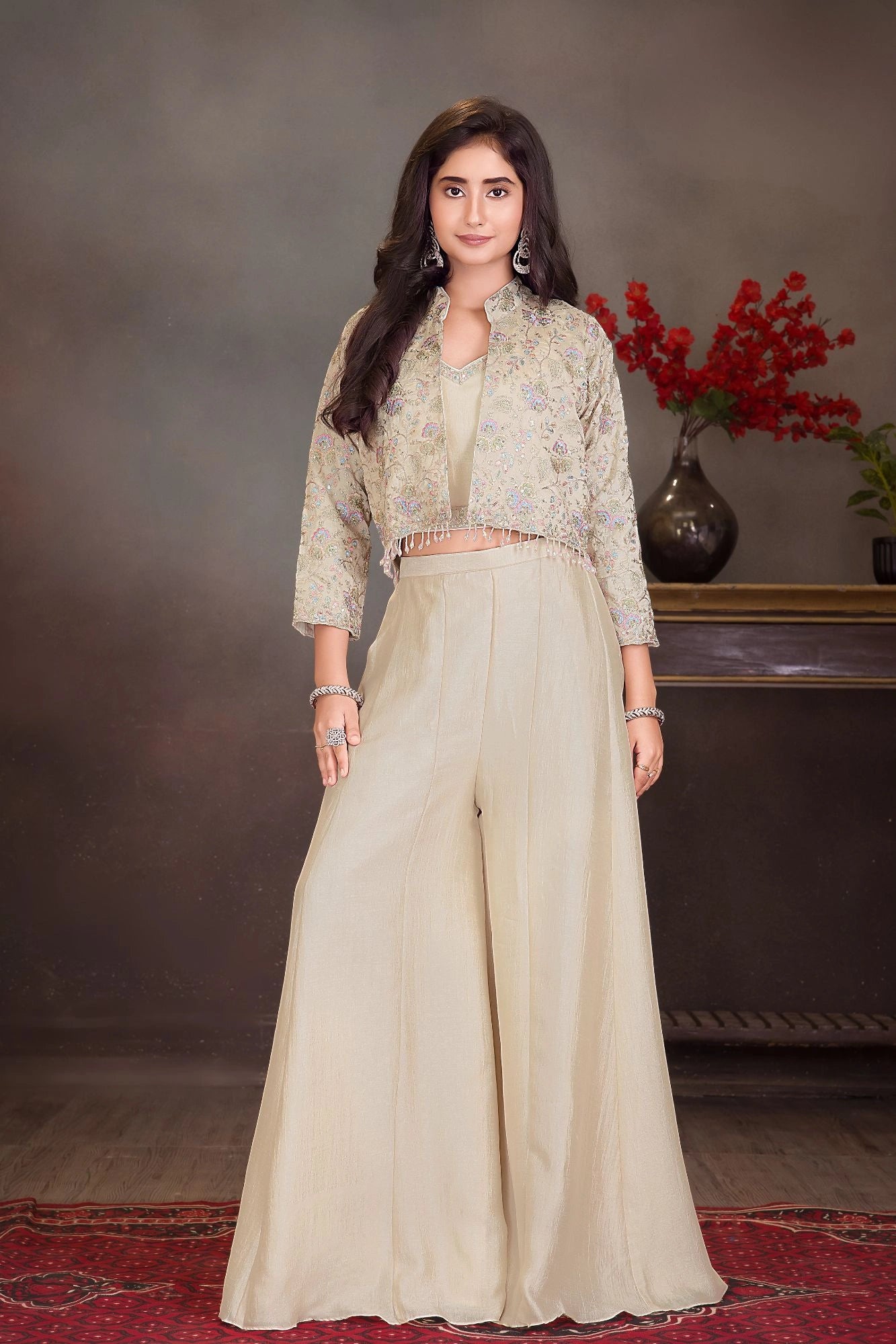 Cream Embroidered Palazzo Set with Crop Top & Jacket For Girls