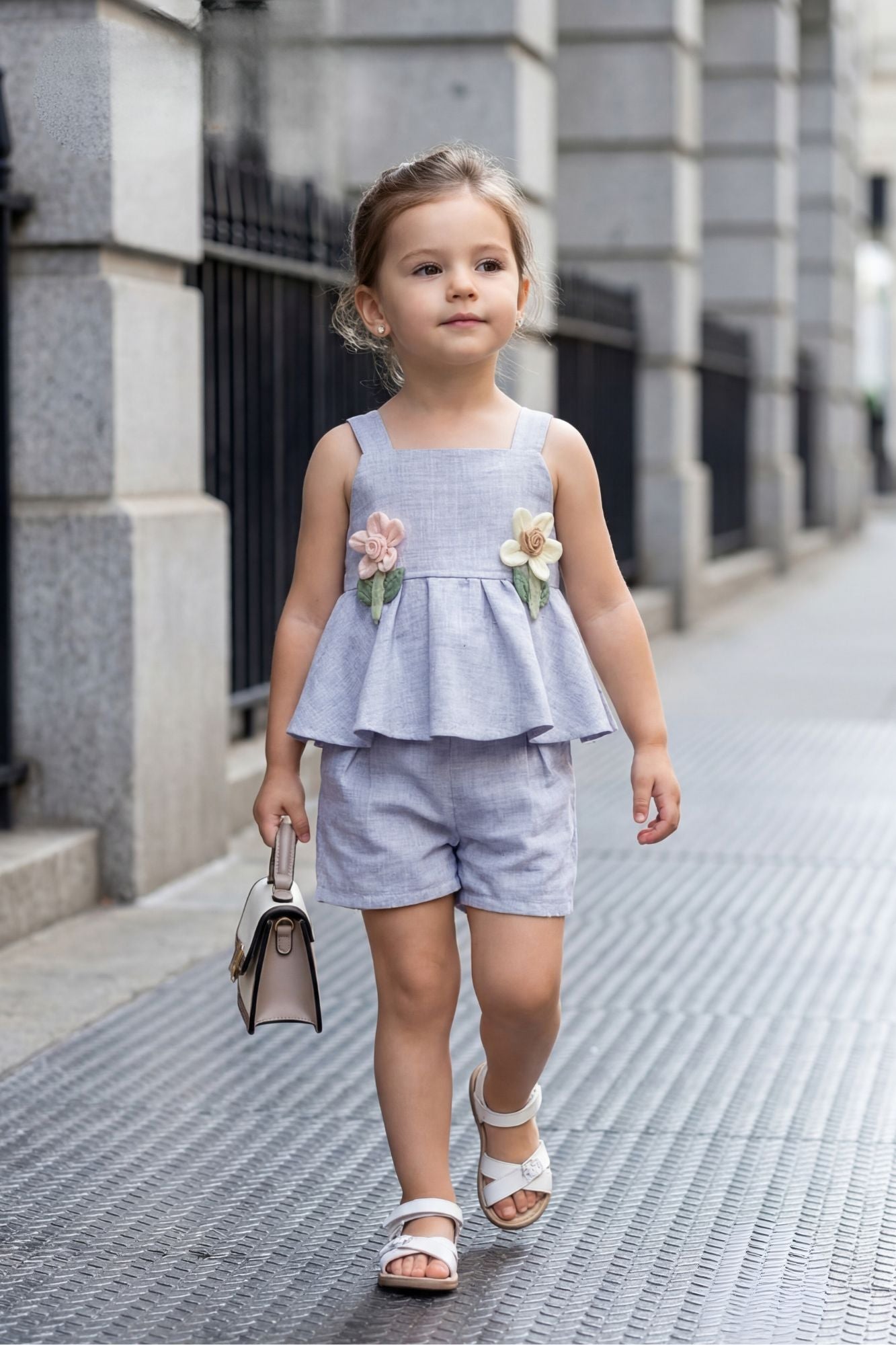 Girls Blue Peplum Top And Shorts Co-Ord Set with Floral Applique