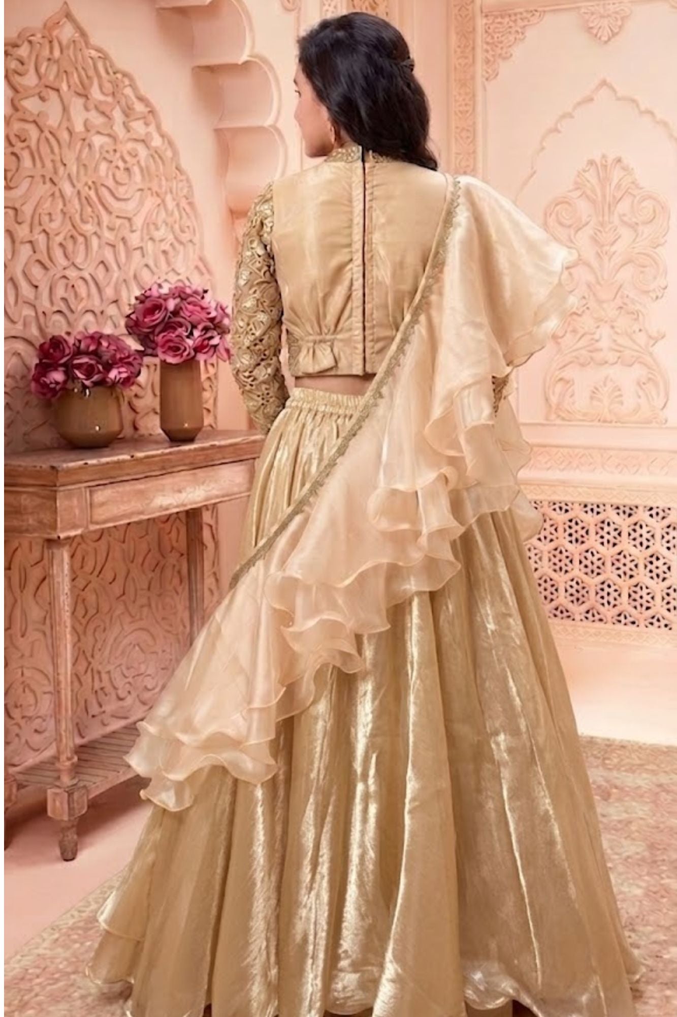 Beige Ruffle Layered Lehenga Choli with Embroidered Ruffled Dupatta For Girls