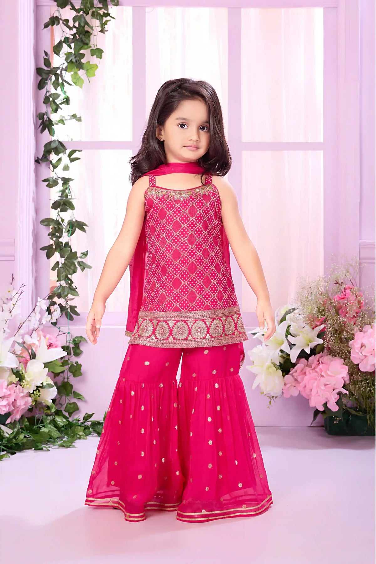 Babyhug Sleeveless Choli & Sharara Set with Dupatta & Sequined Detailing - Fuchsia