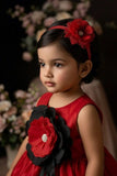 Girls Red  Party Frock With Black Floral Applique
