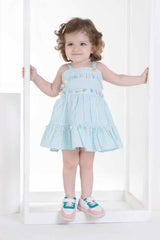 Sea Green Striped Cotton Casual Wear Frock For Girls