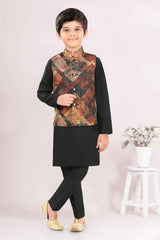 Black Full Sleeves Kurta With Printed Waist Coat Set For Boys