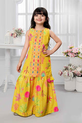 Mustard Floral Printed And Mirror Work Sharara Set For Girls