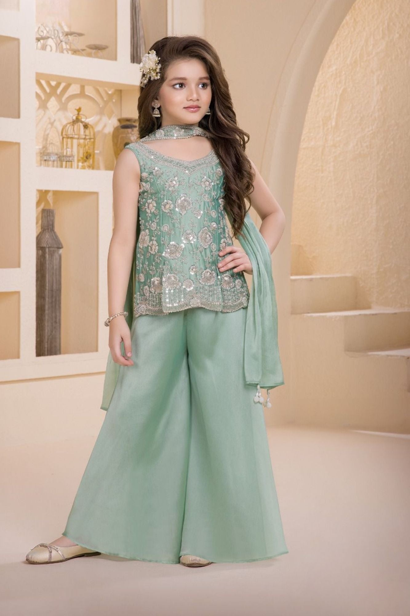 Pista Green Embroidered Georgette Palazzo Set For Girls