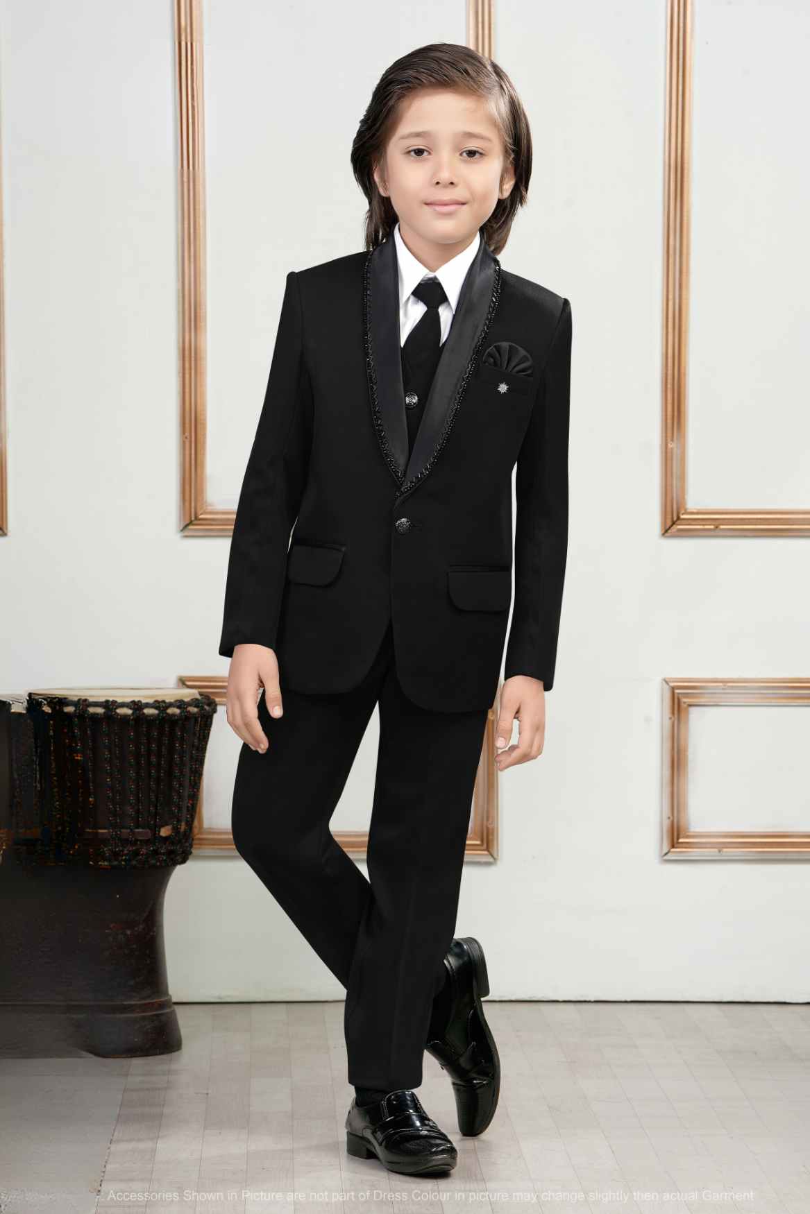 Black Bead Work Tuxedo With Pant And Waistcoat Set For Boys