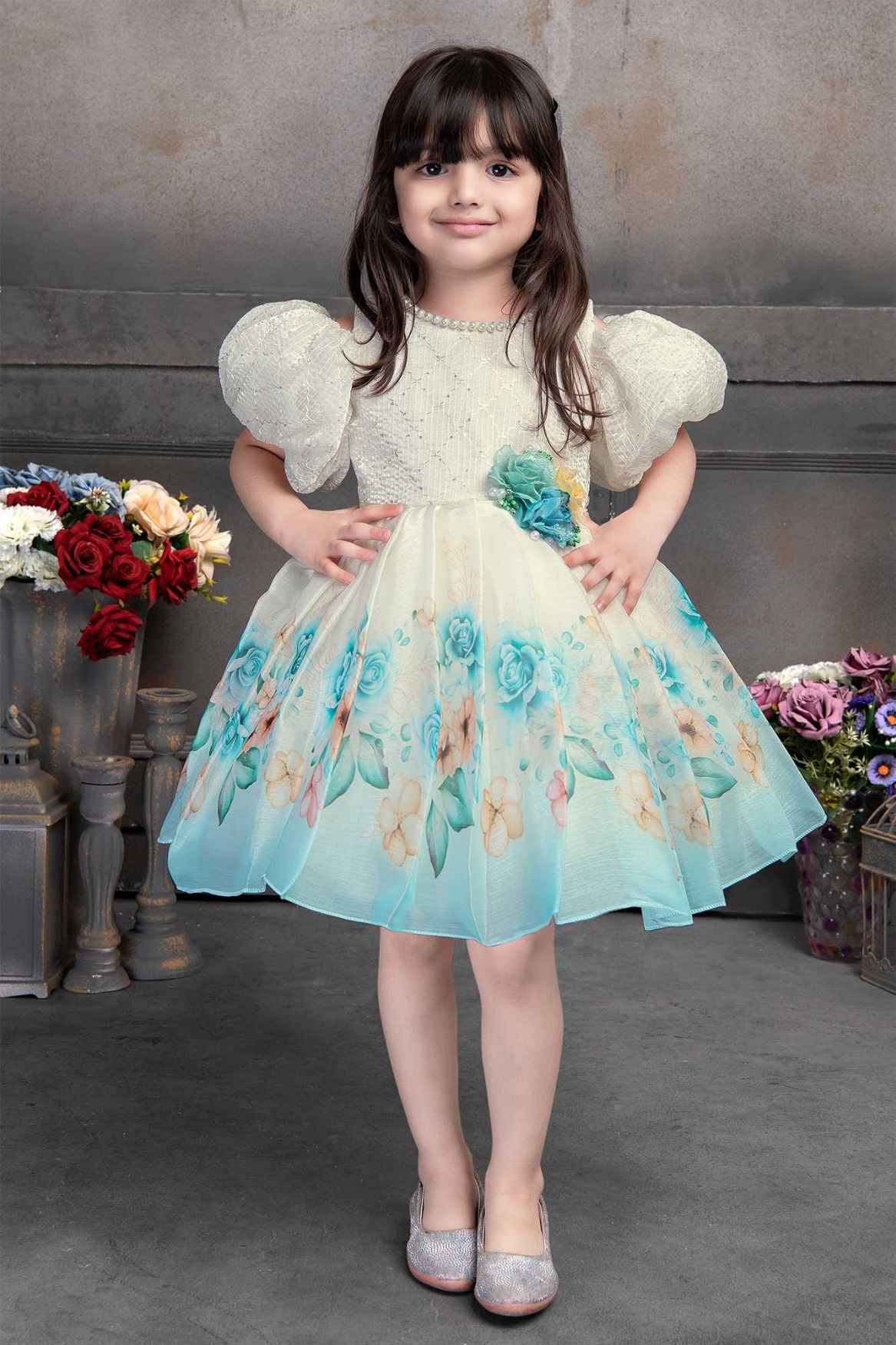 White sequin and thread work frock for girls