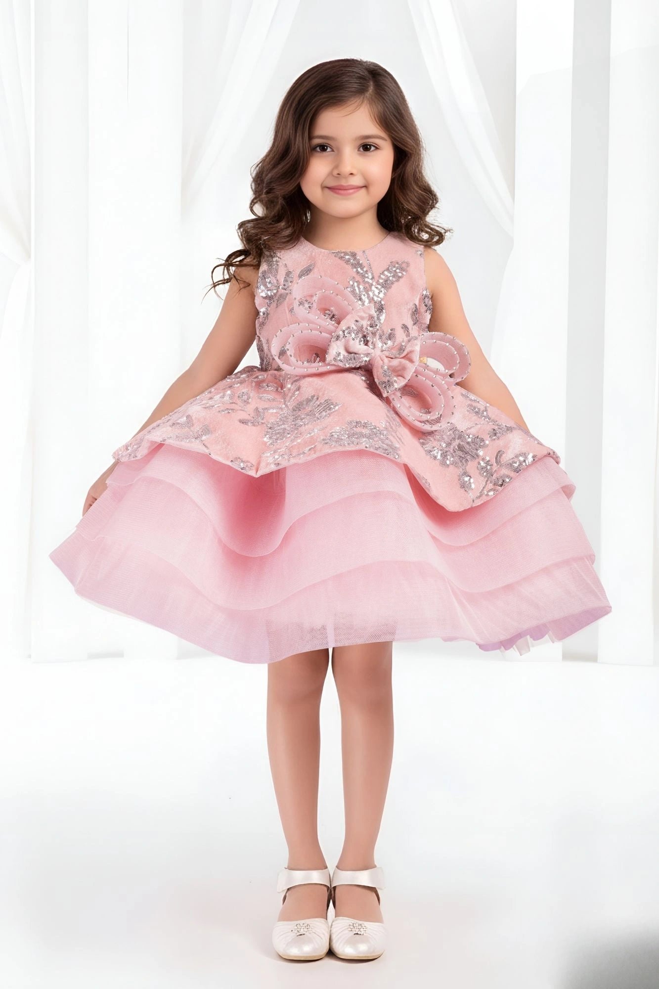 Blush Pink Layered Party Frock with 3D Floral Bow For Girls