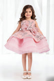 Blush Pink Layered Party Frock with 3D Floral Bow For Girls