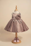 Copper Brown Party Frock with Floral Rosette and Embellished Strap Detailing For Girls