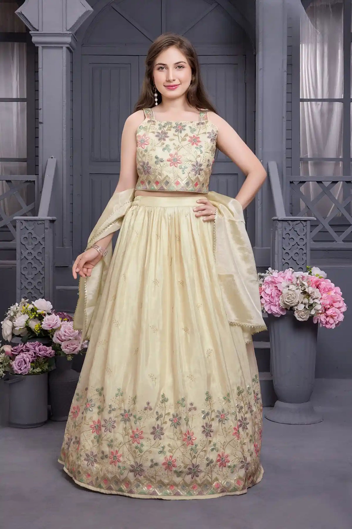 Elegant Cream Embroidered Lehenga Choli with Dupatta For Girls