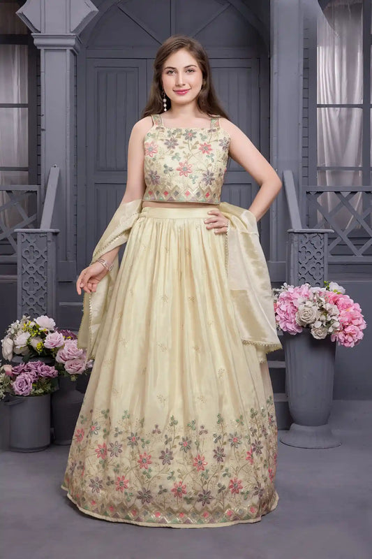 Elegant Cream Embroidered Lehenga Choli with Dupatta For Girls