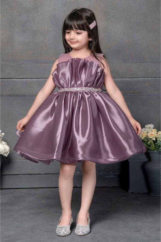 Mulberry Tutu Organza Frock Embellished With Stones Waistband For Girls