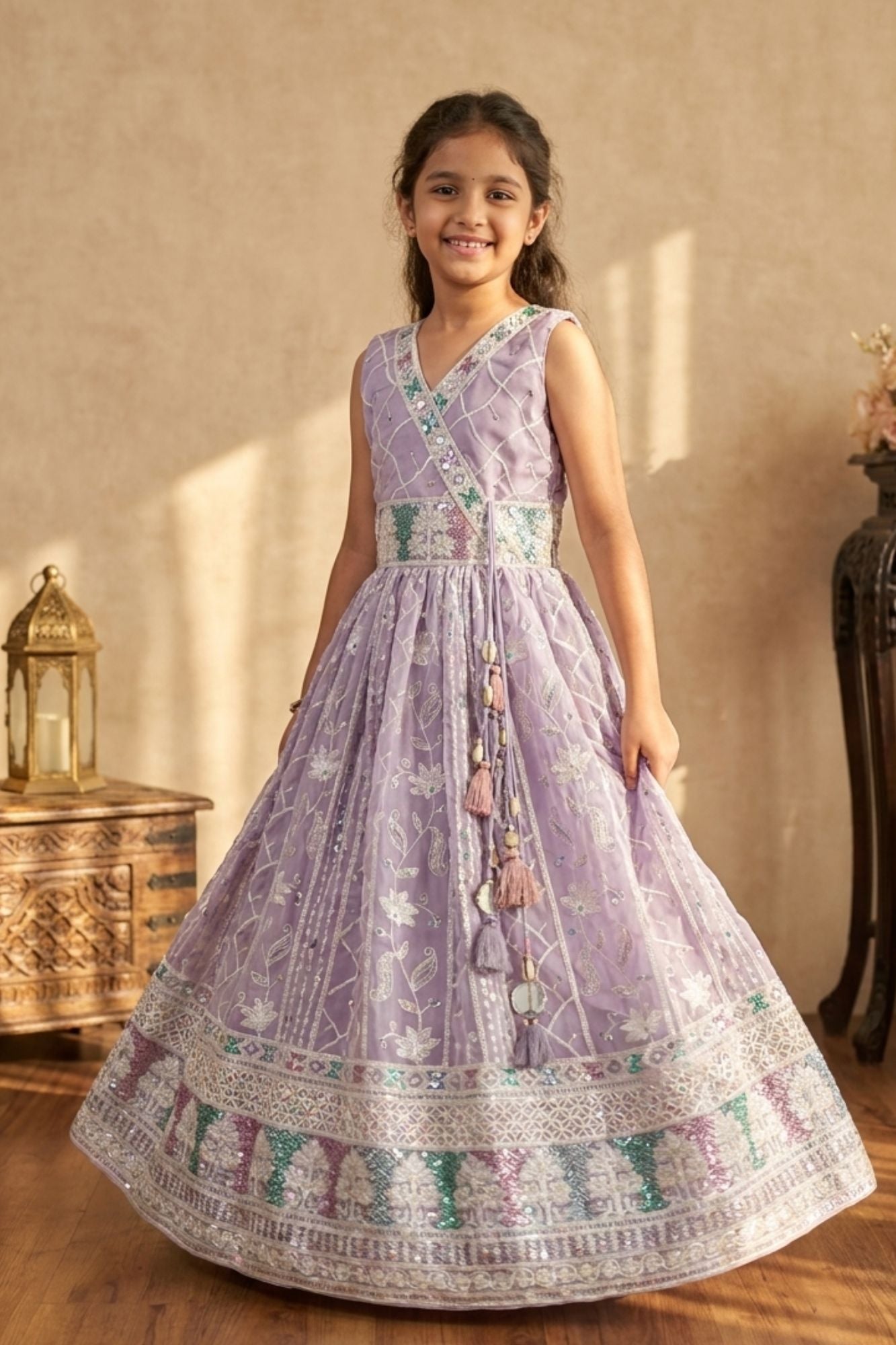 Lavender Embroidered Ethnic Gown with Tassel Detailing for Girls