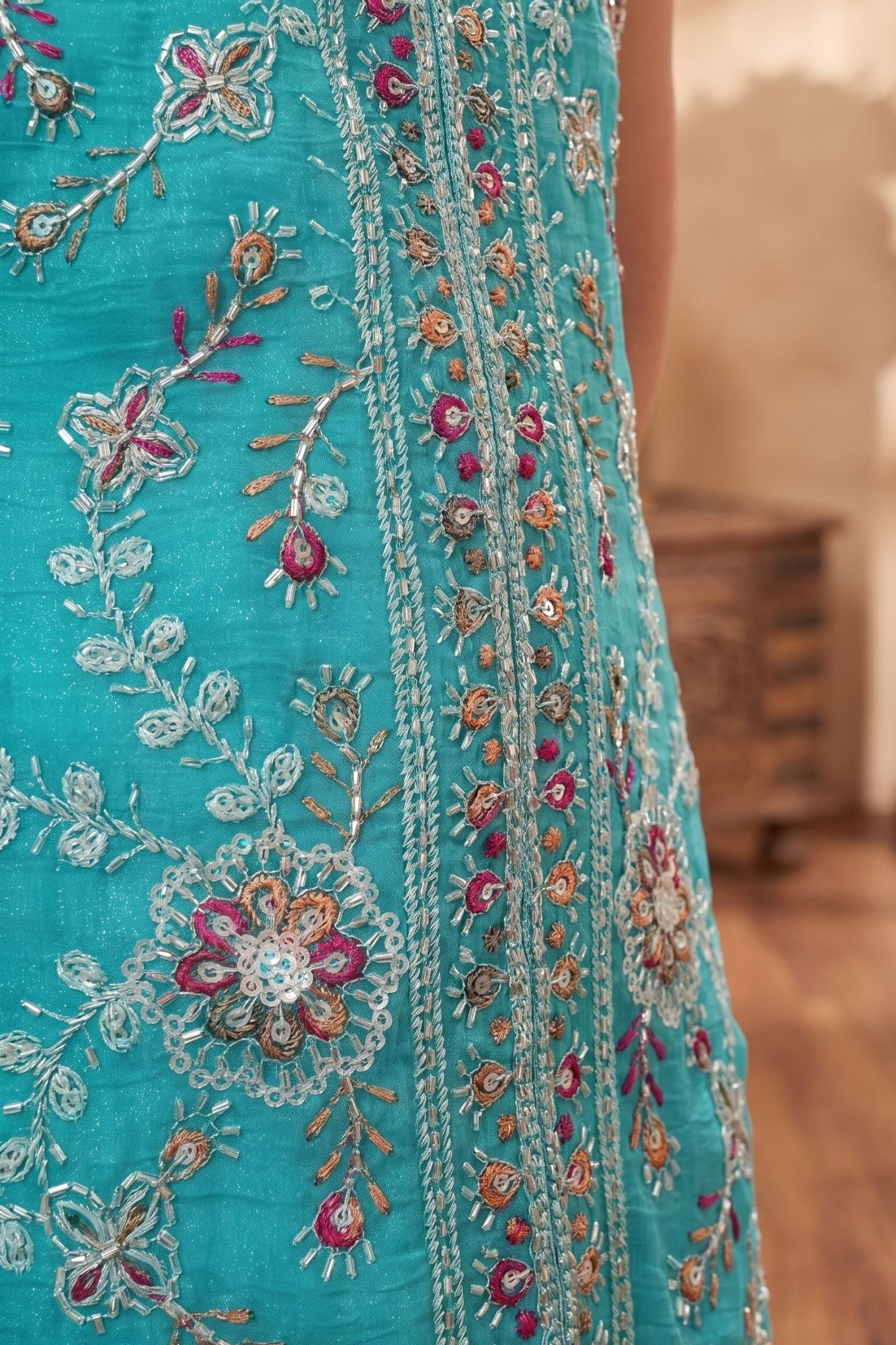 Girls Aqua Blue Embroidered Patiala Set With Dupatta