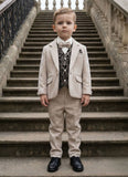Boys Cream 5-Piece Suit Set With Waistcoat And Bow Tie