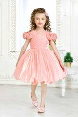 Peach Partywear Frock Embellished With Flowers For Girls