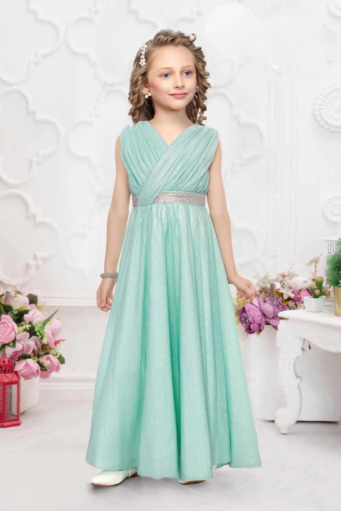 Mint Green Shimmer Party Gown For Girls