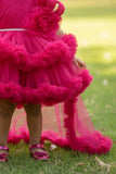 Pink Party Frock with Floral Embellished & Ruffle Layers with Tailback For Girls
