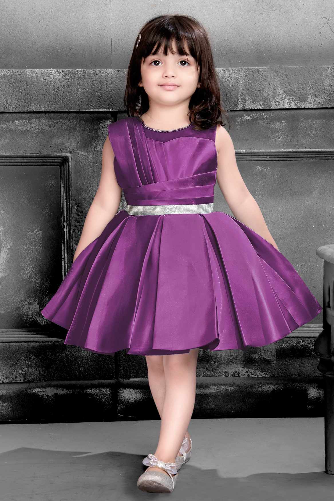 Purple Party Wear Frock with Pleated Skirt For Girls